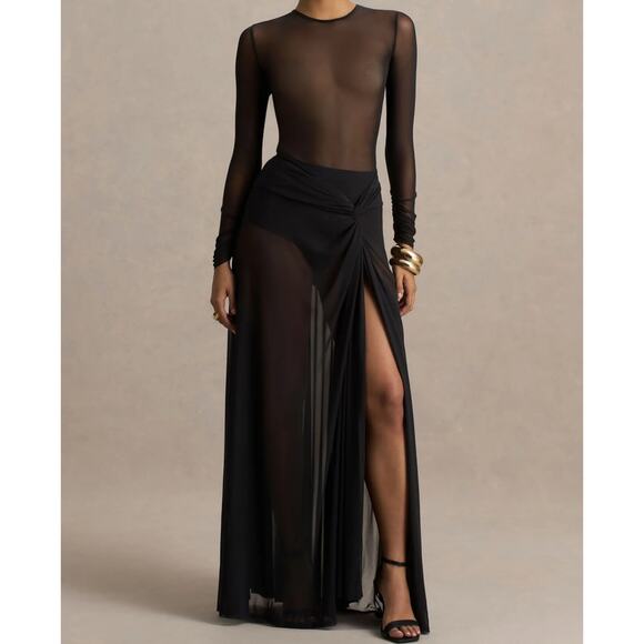 Club L London KOAMI Black Mesh Long-Sleeve Ruched Maxi Dress High Split 4 - Picture 11 of 13